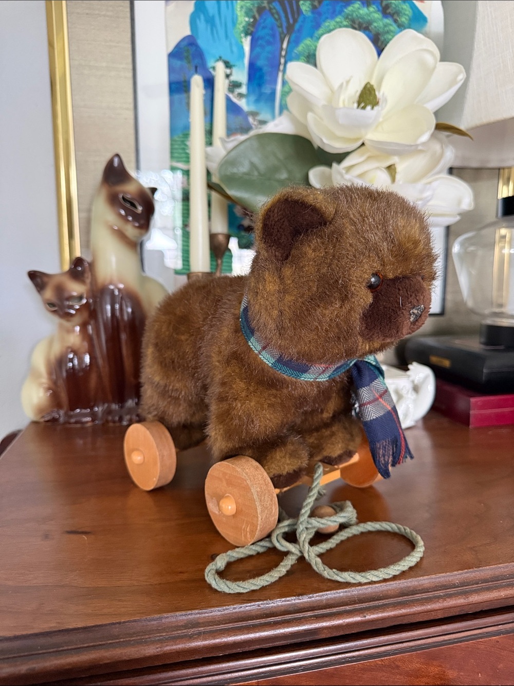 Antique Brown Plush Pull-Along Bear with Plaid Scarf